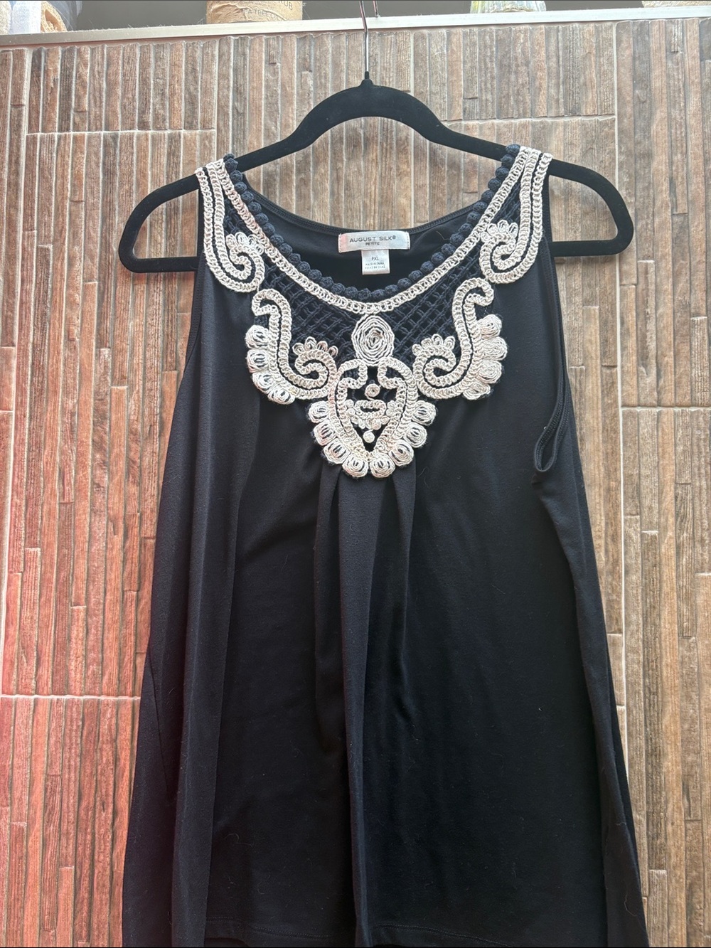 august silk Black Tank with Ivory Embellished Neckline